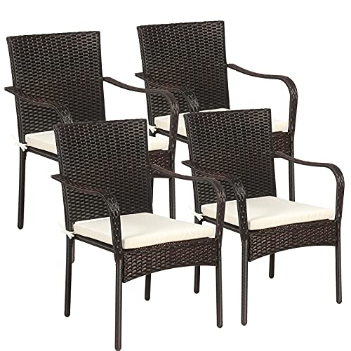 RELAX4LIFE Patio Dining Chairs 4-Piece Stackable Wicker Chairs, Outdoor PE Rattan Chairs with Comfortable Cushions and Anti-Rust Steel Frame, Conversation Chairs for Porch, Yard, Garden and Poolside