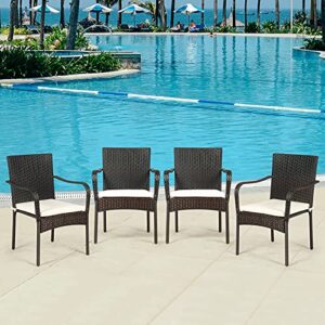 RELAX4LIFE Patio Dining Chairs 4-Piece Stackable Wicker Chairs, Outdoor PE Rattan Chairs with Comfortable Cushions and Anti-Rust Steel Frame, Conversation Chairs for Porch, Yard, Garden and Poolside