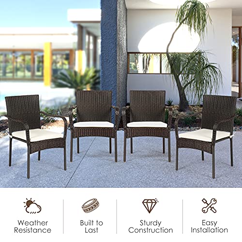 RELAX4LIFE Patio Dining Chairs 4-Piece Stackable Wicker Chairs, Outdoor PE Rattan Chairs with Comfortable Cushions and Anti-Rust Steel Frame, Conversation Chairs for Porch, Yard, Garden and Poolside