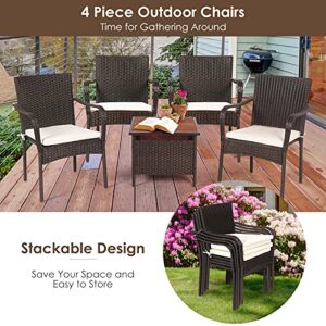 RELAX4LIFE Patio Dining Chairs 4-Piece Stackable Wicker Chairs, Outdoor PE Rattan Chairs with Comfortable Cushions and Anti-Rust Steel Frame, Conversation Chairs for Porch, Yard, Garden and Poolside