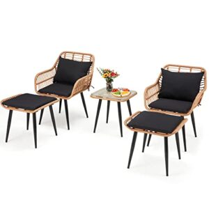 ecotouge 5 piece patio furniture set, outdoor hand-woven wicker conversation bistro sets with glass tempered coffee table, 2 rattan armchairs, 2 footstool, soft seat cushions for porch, backyard