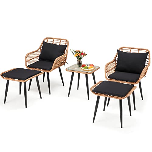 ECOTOUGE 5 Piece Patio Furniture Set, Outdoor Hand-Woven Wicker Conversation Bistro Sets with Glass Tempered Coffee Table, 2 Rattan Armchairs, 2 Footstool, Soft Seat Cushions for Porch, Backyard