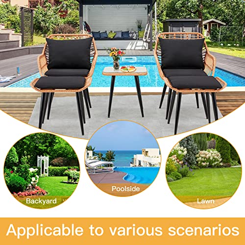 ECOTOUGE 5 Piece Patio Furniture Set, Outdoor Hand-Woven Wicker Conversation Bistro Sets with Glass Tempered Coffee Table, 2 Rattan Armchairs, 2 Footstool, Soft Seat Cushions for Porch, Backyard