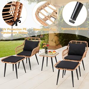 ECOTOUGE 5 Piece Patio Furniture Set, Outdoor Hand-Woven Wicker Conversation Bistro Sets with Glass Tempered Coffee Table, 2 Rattan Armchairs, 2 Footstool, Soft Seat Cushions for Porch, Backyard