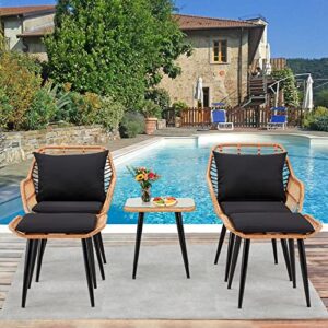 ECOTOUGE 5 Piece Patio Furniture Set, Outdoor Hand-Woven Wicker Conversation Bistro Sets with Glass Tempered Coffee Table, 2 Rattan Armchairs, 2 Footstool, Soft Seat Cushions for Porch, Backyard