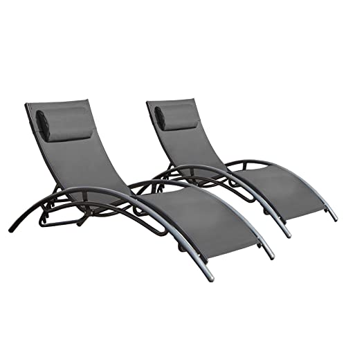 SUMETURE Outdoor Patio Lounge Chair Set of 2,Adjustable Chaise with Pillow,Lounge Chairs with 4 Adjustable Backrest Positions for Poolside,Garden,Balcony(Black)