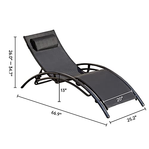 SUMETURE Outdoor Patio Lounge Chair Set of 2,Adjustable Chaise with Pillow,Lounge Chairs with 4 Adjustable Backrest Positions for Poolside,Garden,Balcony(Black)