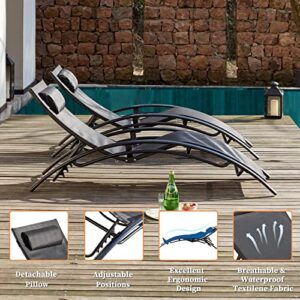 SUMETURE Outdoor Patio Lounge Chair Set of 2,Adjustable Chaise with Pillow,Lounge Chairs with 4 Adjustable Backrest Positions for Poolside,Garden,Balcony(Black)