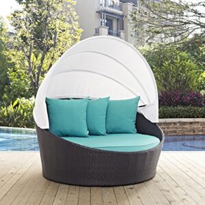 Modway Convene Wicker Rattan Outdoor Patio Retractable Canopy Round Poolside Sofa Daybed in Espresso Turquoise