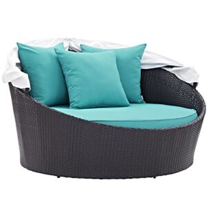 Modway Convene Wicker Rattan Outdoor Patio Retractable Canopy Round Poolside Sofa Daybed in Espresso Turquoise