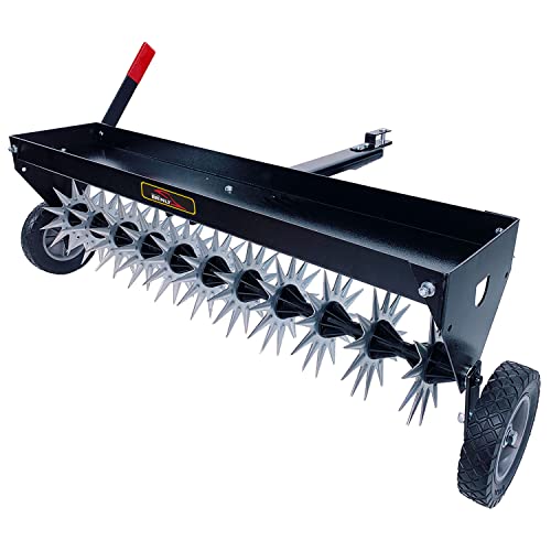 Brinly SAT-401BH-A Tow Behind Spike Aerator with Transport Wheels & Galvanized Steel 3D Tines