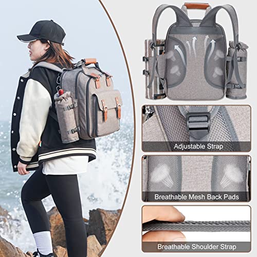 Picnic Backpack for 4 Person with Blanket, Picnic Bag Set with Cooler Compartment, Insulated Waterproof Pouch, Detachable Bottle/Wine Holder for Family Outdoor Camping, Beach, Day Travel, Hiking, BBQs