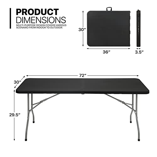 MoNiBloom 6Ft Heavy Duty Plastic Folding Table, Indoor Outdoor Portable Picnic Camp Desk w/Handle and Lock for Camping, Dining, Party, Black