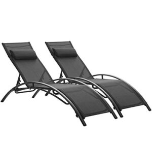 patio lounge chairs outdoor pool chaise lounges adjustable for all weather for beach backyard（2-pack black