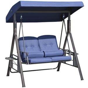 outsunny 2 seater swing chair, garden loveseat swing bench with adjustable canopy, soft cushions, throw pillows and tray for patio, yard, dark blue