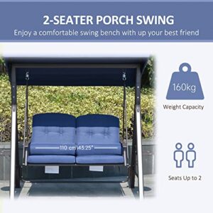 Outsunny 2 Seater Swing Chair, Garden Loveseat Swing Bench with Adjustable Canopy, Soft Cushions, Throw Pillows and Tray for Patio, Yard, Dark Blue