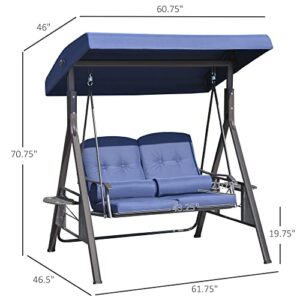 Outsunny 2 Seater Swing Chair, Garden Loveseat Swing Bench with Adjustable Canopy, Soft Cushions, Throw Pillows and Tray for Patio, Yard, Dark Blue