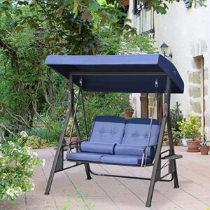 Outsunny 2 Seater Swing Chair, Garden Loveseat Swing Bench with Adjustable Canopy, Soft Cushions, Throw Pillows and Tray for Patio, Yard, Dark Blue