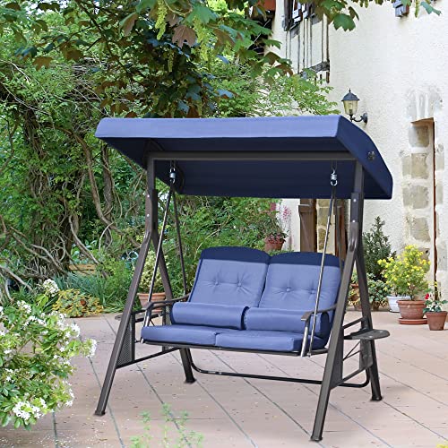 Outsunny 2 Seater Swing Chair, Garden Loveseat Swing Bench with Adjustable Canopy, Soft Cushions, Throw Pillows and Tray for Patio, Yard, Dark Blue