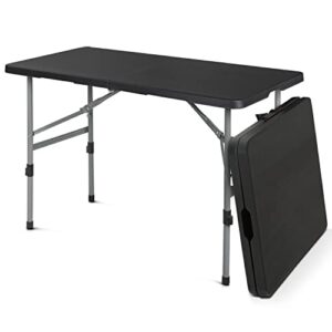 monibloom 4-foot folding plastic table, foldable indoor outdoor tables with carrying handle and height adjustable for party picnic garden – black