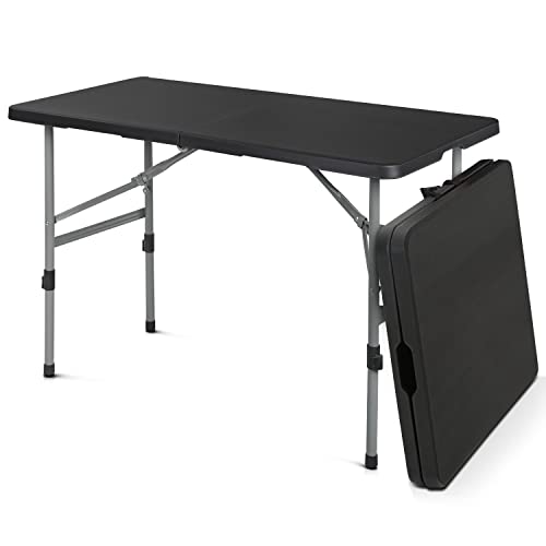 MoNiBloom 4-Foot Folding Plastic Table, Foldable Indoor Outdoor Tables with Carrying Handle and Height Adjustable for Party Picnic Garden - Black