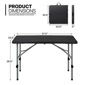 MoNiBloom 4-Foot Folding Plastic Table, Foldable Indoor Outdoor Tables with Carrying Handle and Height Adjustable for Party Picnic Garden - Black