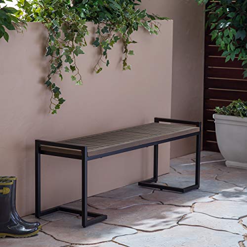 Christopher Knight Home Noel Outdoor Industrial Acacia Wood and Iron Bench, Gray, Grey Finish/Black Metal