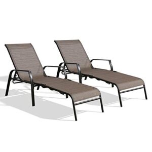 patio outdoor chaise lounge chairs, folding sling reclining chaise lounger chair fit beach yard pool patio with 5 adjustable positions, brown frame