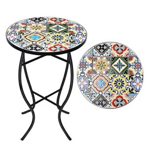 vcuteka outdoor mosaic side table – small patio table coffee table outside accent table round end plant table for bistro balcony porch outdoor benches 14”
