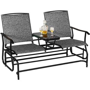 s afstar patio glider bench, 2-person outdoor glider chair with center table, double rocking chair loveseat for patio backyard poolside lawn (grey)