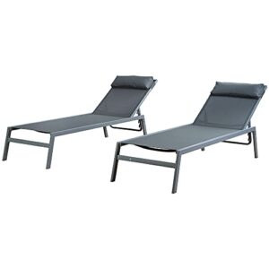 Kozyard Wilson Adjustable EDP Coated Wrought Iron Frame and Breathable Textilence Seat Chaise Lounge Chair (2 Pack) (Gray W/O Table)