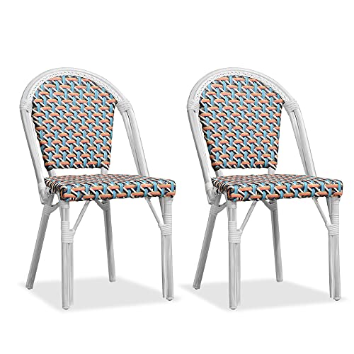 PURPLE LEAF Dining Chair Set of 2 Outdoor French Bistro Chairs Hand-Woven Aluminum Wicker Rattan Chairs for Garden Kitchen Backyard Porch White Print Finish Patio Chairs Colorful