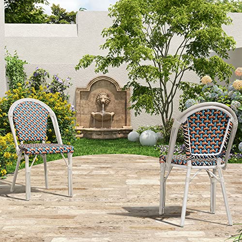 PURPLE LEAF Dining Chair Set of 2 Outdoor French Bistro Chairs Hand-Woven Aluminum Wicker Rattan Chairs for Garden Kitchen Backyard Porch White Print Finish Patio Chairs Colorful