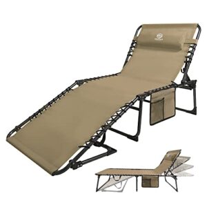coastrail outdoor folding chaise lounge chair 28 inch wide, 4 position recline textilene waterproof patio chaise with pocket and pillow for beach,tanning, lawn, supports 400lbs, beige,x-large