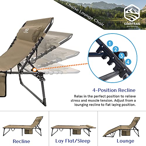 Coastrail Outdoor Folding Chaise Lounge Chair 28 inch Wide, 4 Position Recline Textilene Waterproof Patio Chaise with Pocket and Pillow for Beach,Tanning, Lawn, Supports 400lbs, Beige,X-Large
