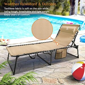 Coastrail Outdoor Folding Chaise Lounge Chair 28 inch Wide, 4 Position Recline Textilene Waterproof Patio Chaise with Pocket and Pillow for Beach,Tanning, Lawn, Supports 400lbs, Beige,X-Large