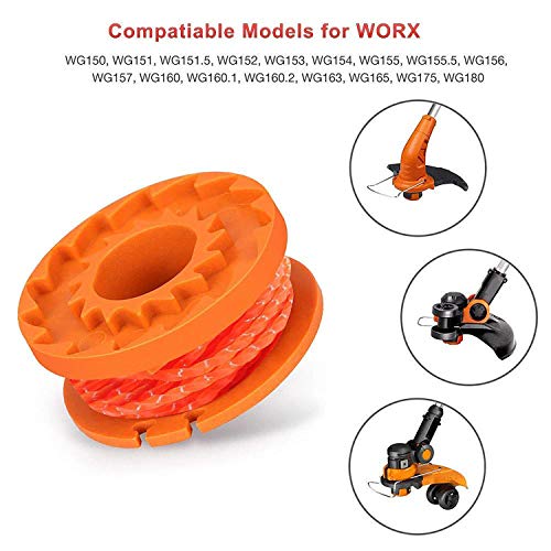 THTEN WA0010 Edger Spools Replacement for Worx WG180 WG163 Weed Wacker Eater String with WA6531 GT Spool Cover 50006531 String Trimmer Refills 10ft 0.065"(6 Spool, 2 Cap)