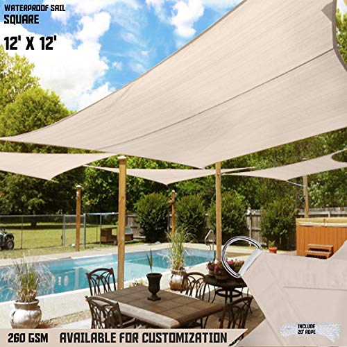 TANG Sun Shades Depot 12' x 12' Square Waterproof Knitted Shade Sail Curved Edge Beige 260 GSM U*V Block Shade Fabric Pergola Carport Canopy Replacement Awning Customize Available