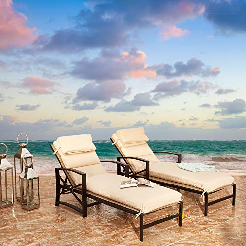 Festival Depot 2 Pieces Patio Outdoor Chaise Lounge Recliner Chairs with Cushions Set Premium Fabric Metal Frame Furniture Garden Bistro Soft Headrests (Khaki)