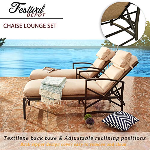 Festival Depot 2 Pieces Patio Outdoor Chaise Lounge Recliner Chairs with Cushions Set Premium Fabric Metal Frame Furniture Garden Bistro Soft Headrests (Khaki)