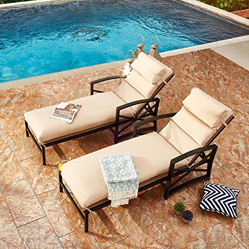 Festival Depot 2 Pieces Patio Outdoor Chaise Lounge Recliner Chairs with Cushions Set Premium Fabric Metal Frame Furniture Garden Bistro Soft Headrests (Khaki)