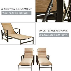 Festival Depot 2 Pieces Patio Outdoor Chaise Lounge Recliner Chairs with Cushions Set Premium Fabric Metal Frame Furniture Garden Bistro Soft Headrests (Khaki)