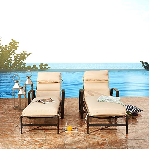 Festival Depot 2 Pieces Patio Outdoor Chaise Lounge Recliner Chairs with Cushions Set Premium Fabric Metal Frame Furniture Garden Bistro Soft Headrests (Khaki)