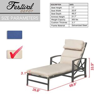 Festival Depot 2 Pieces Patio Outdoor Chaise Lounge Recliner Chairs with Cushions Set Premium Fabric Metal Frame Furniture Garden Bistro Soft Headrests (Khaki)