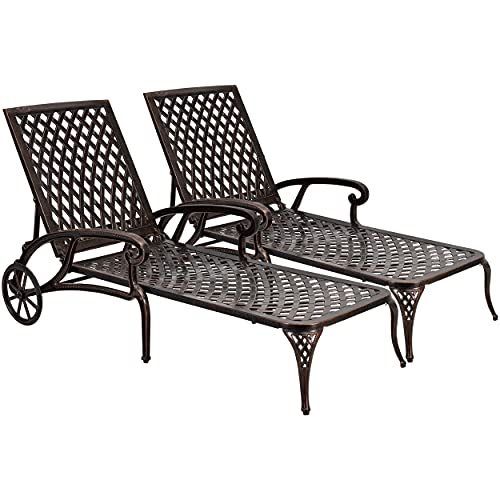 ROIYEIER Lounge Chairs for Outside, Chaise Lounge Outdoor Set of 2 Cast Aluminum with Adjustable Backrest and Moveable Wheels for Poolside Backyard Patio, Bronze