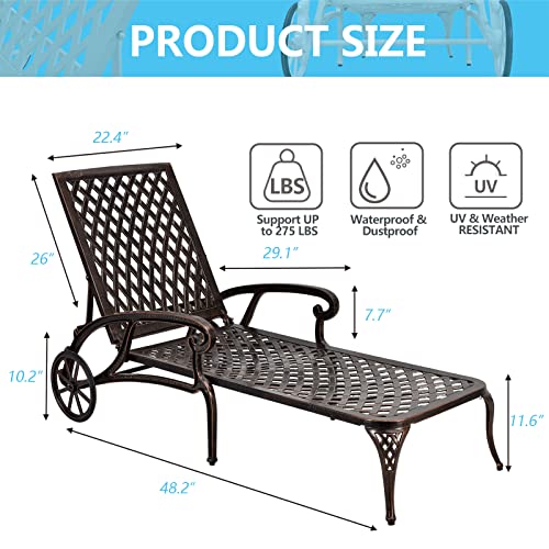 ROIYEIER Lounge Chairs for Outside, Chaise Lounge Outdoor Set of 2 Cast Aluminum with Adjustable Backrest and Moveable Wheels for Poolside Backyard Patio, Bronze