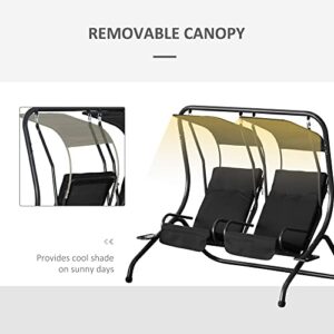 Outsunny Patio Swing Chair with 2 Separate Seats, Outdoor Swing Glider with Removable Canopy and Cup Holders, for Porch, Garden, Poolside, Backyard, Black