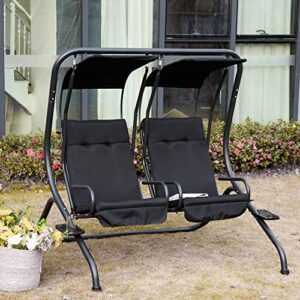 Outsunny Patio Swing Chair with 2 Separate Seats, Outdoor Swing Glider with Removable Canopy and Cup Holders, for Porch, Garden, Poolside, Backyard, Black