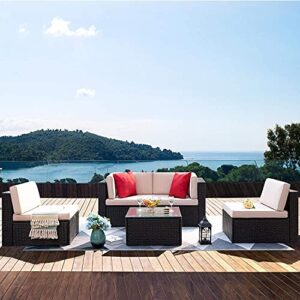 VICTONE Patio Furniture Sets 6 Pieces Outdoor Sectional Rattan Sofa Manual Weaving Wicker Patio Conversation Set with Glass Table and Cushion (Beige)