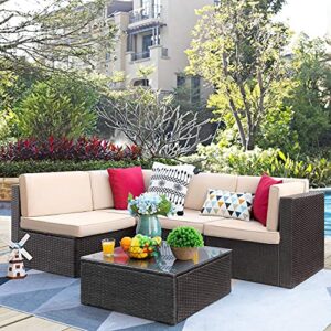 victone patio furniture sets 6 pieces outdoor sectional rattan sofa manual weaving wicker patio conversation set with glass table and cushion (beige)